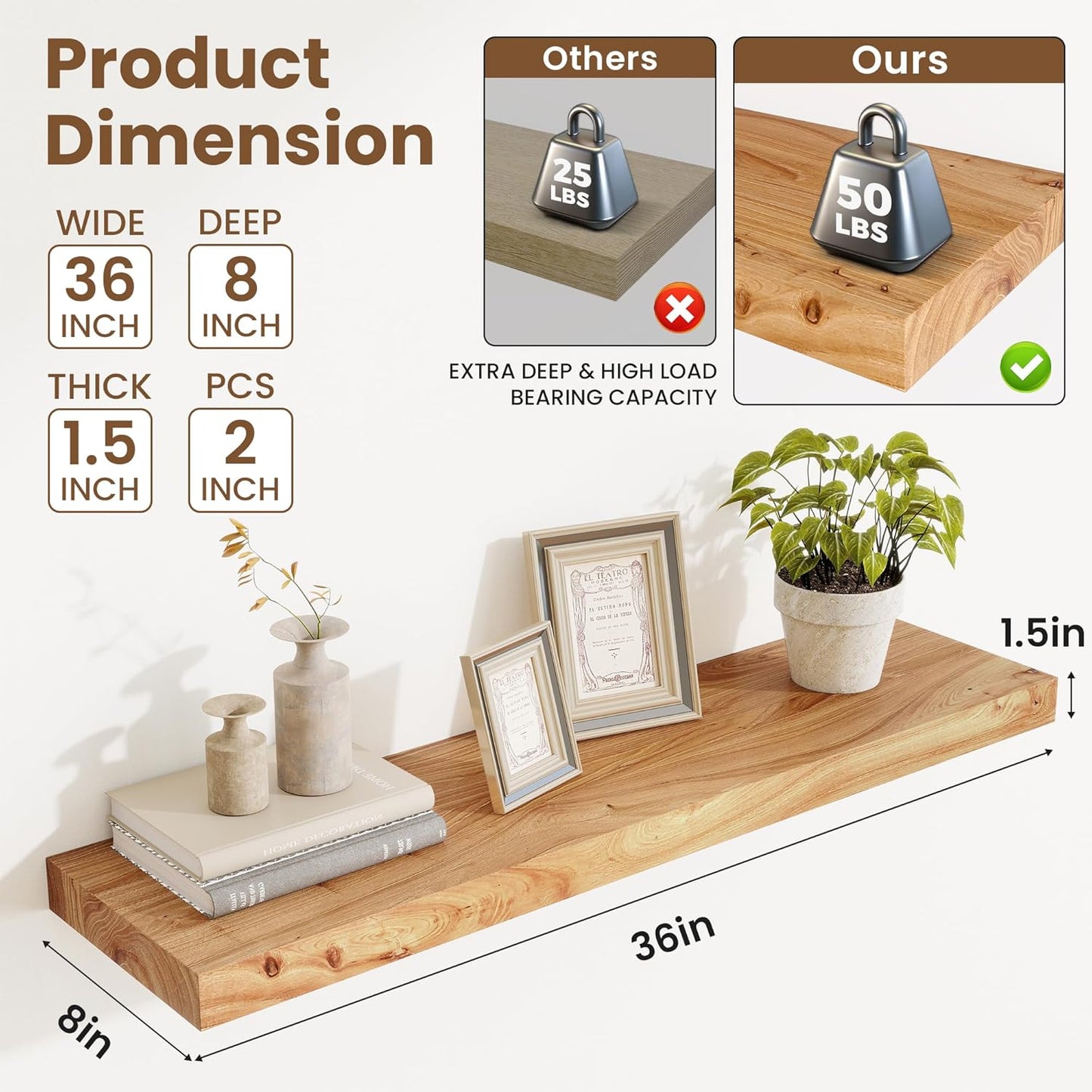 Floating Shelves, 8" Deep Rustic Solid Elm Wood Wall Mounted Floating Shelves, Wall Shelves with Invisible Bracket for Living Room Bathroom Bedroom Kitchen, 36 Inch Set of 2, Natural