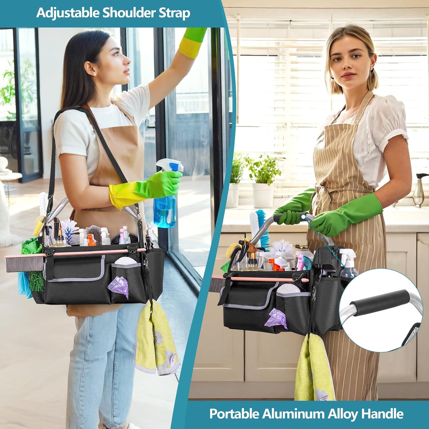 Wearable Cleaning Caddy Organizer, Cleaning Supplies Bag with Divider & Support Pad, Cleaner Tote with Handle & Detachable Shoulder Strap, Housekeeping Storage Box with Multi Pockets, Bag Only