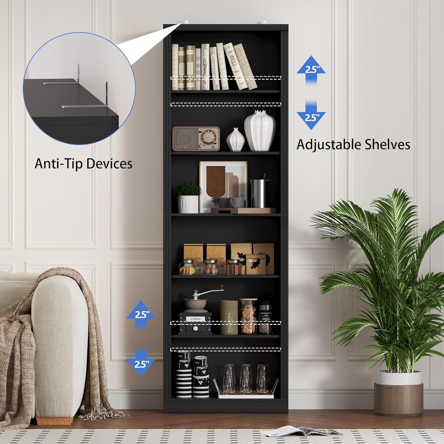 75" Tall Bookshelf, 6-Tier Floor Standing Bookcase with Adjustable Shelves, 24" Wide Open Storage Shelf, Modern Display Organizer for Home Office, Living Room, Bedroom, Study