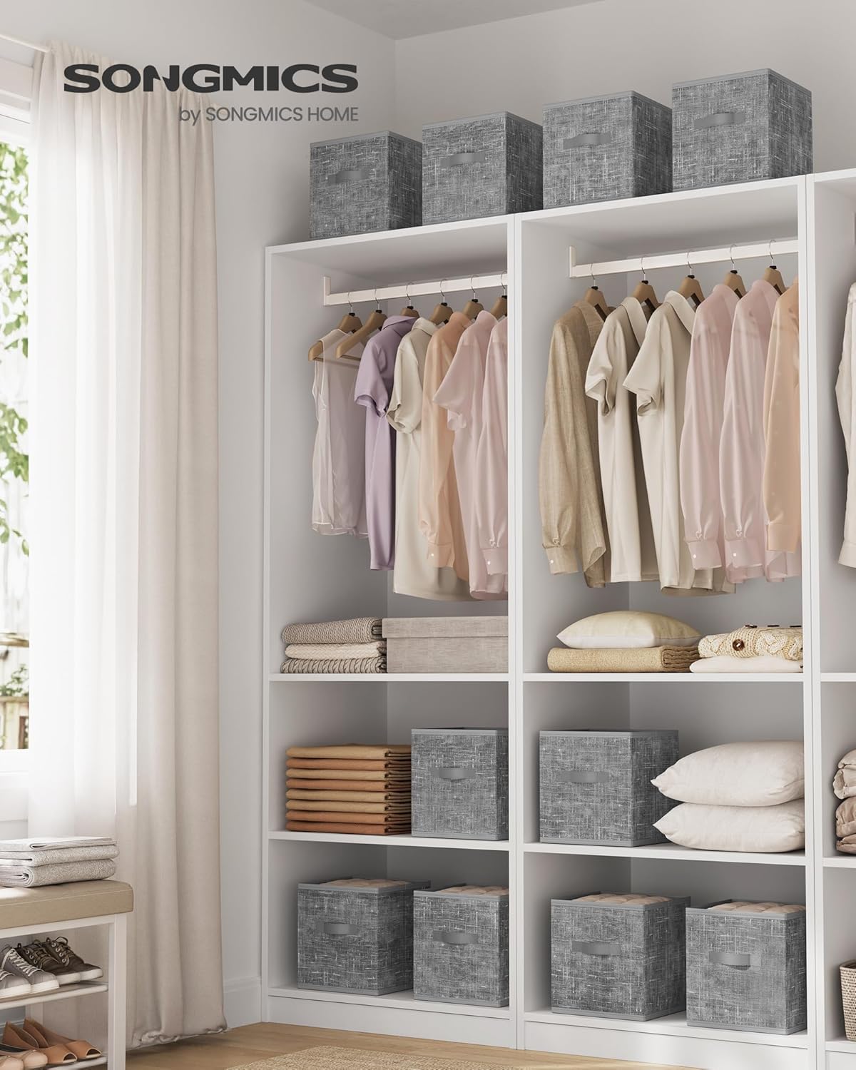 SONGMICS Storage Cubes, 10.2 x 10.2 x 11 Inches Non-Woven Fabric Bins with Double Handles, Set of 10, Closet Organizers for Shelves, Foldable, for Clothes, Cattail Gray UROB126G01