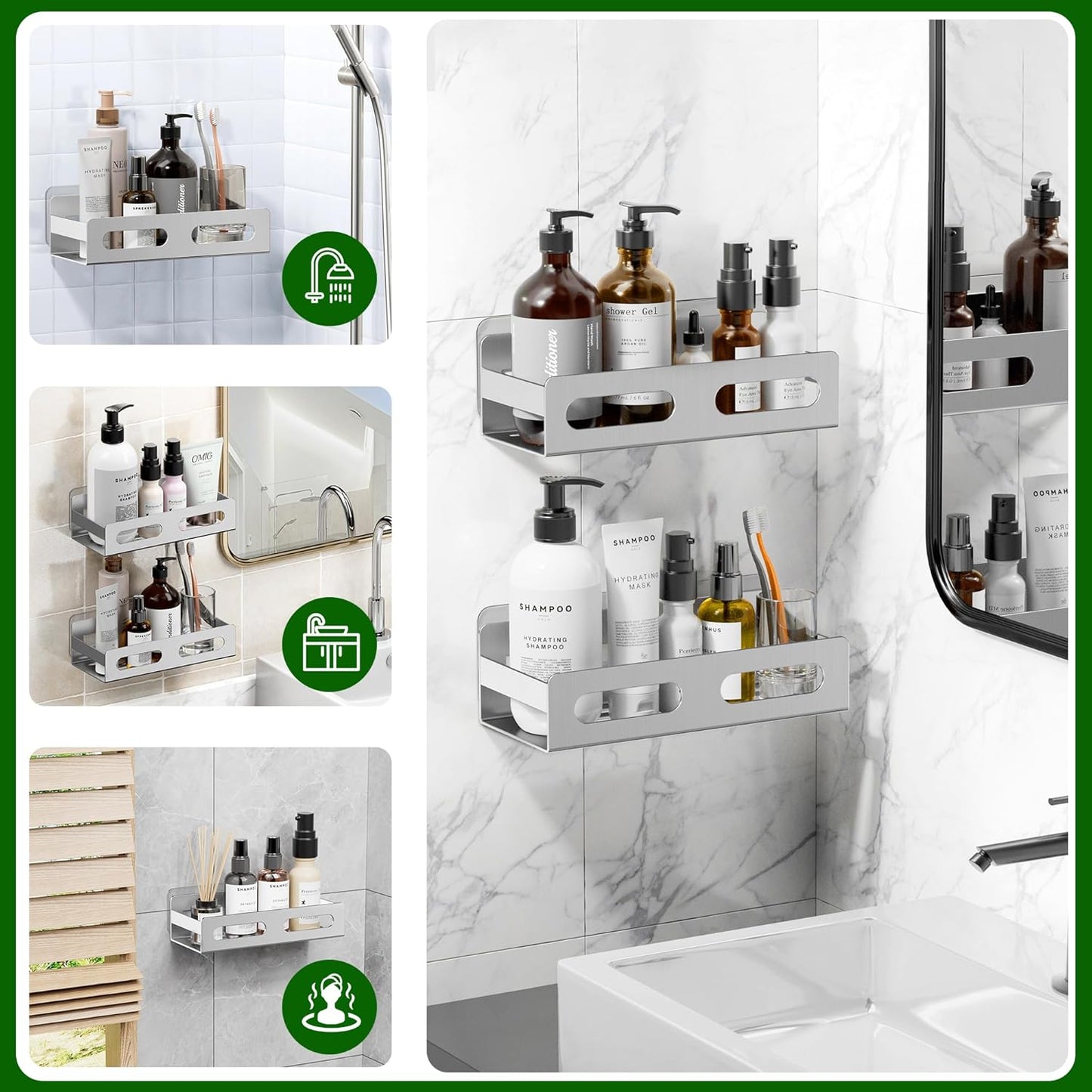 SUS 304 Stainless Steel Shower Caddy,Thickened,Strong and Large Capacity No Rust Shower Organizer,No Drilling/Sleek Bathroom Shower Shelves for Bathroom Storage,Kitchen,Living Room (Silver)