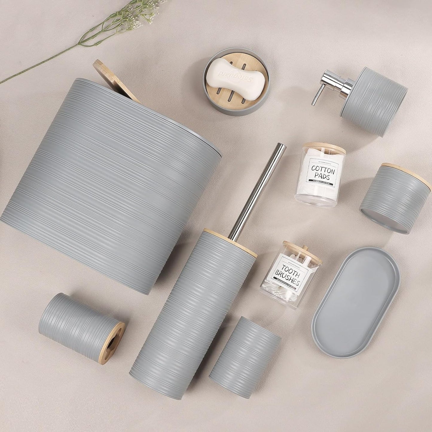 IMAVO Bathroom Accessory Set-11Pcs Grey Bathroom Accessories Set with Trash Can,Soap Dispenser,Soap Dish,Toothbrush Holder,Toothbrush Cup,Toilet Brush Holder,Qtip Holder Dispenser with Labels