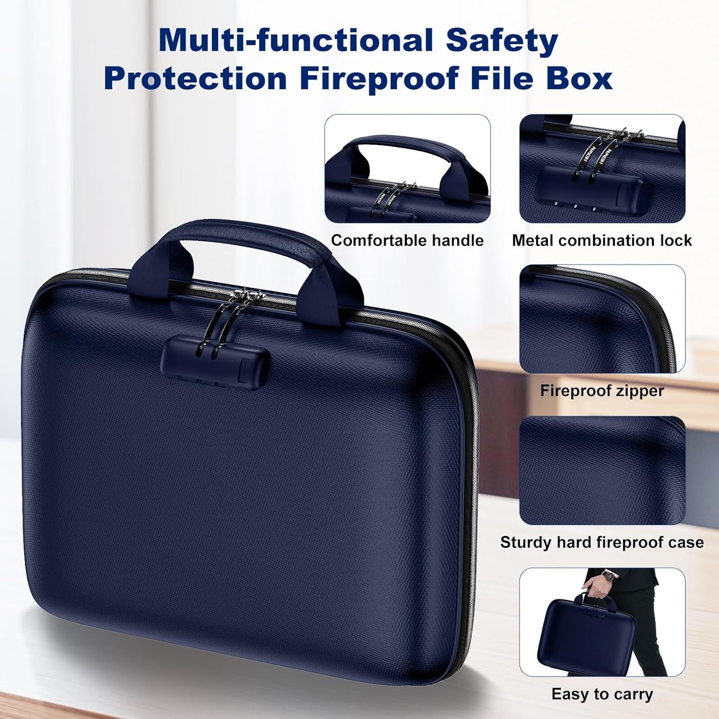 Fireproof Document Box, Hard Case Fireproof File Organizer Box with Lock and 13 Pocket Accordion File Folder, Portable Safe Box for Home Office Travel to Storage Important Documents Laptop Blue