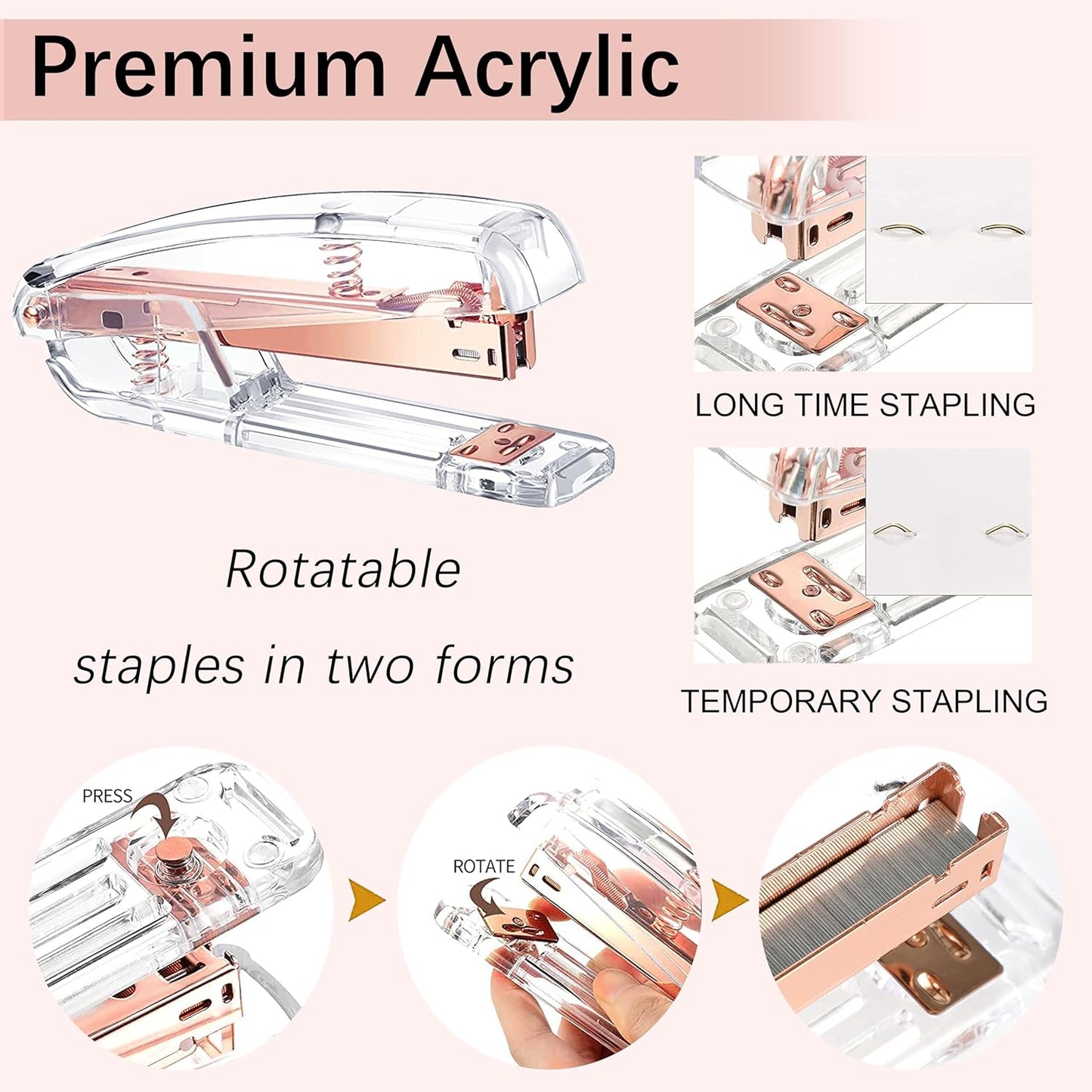 Rose Gold Desk Accessories, Office Supplies Desk Organizers 360°Pen Holder Acrylic Stapler Set, Phone Holder, Ballpoint Pen, Scissor, Binder Clips, Ruler, Transparent Glue, Sticky Note and Staples.
