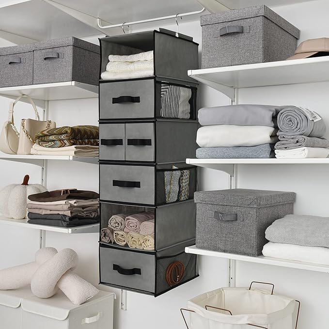 GRANNY SAYS Hanging Closet Organizer 6 Shelves, Closet Organizers and Storage with 5 Drawers, 6 Side Pockets Closet Hanging Organizer, Hanging Storage Organizer for Closet, Baby Clothes, Gray