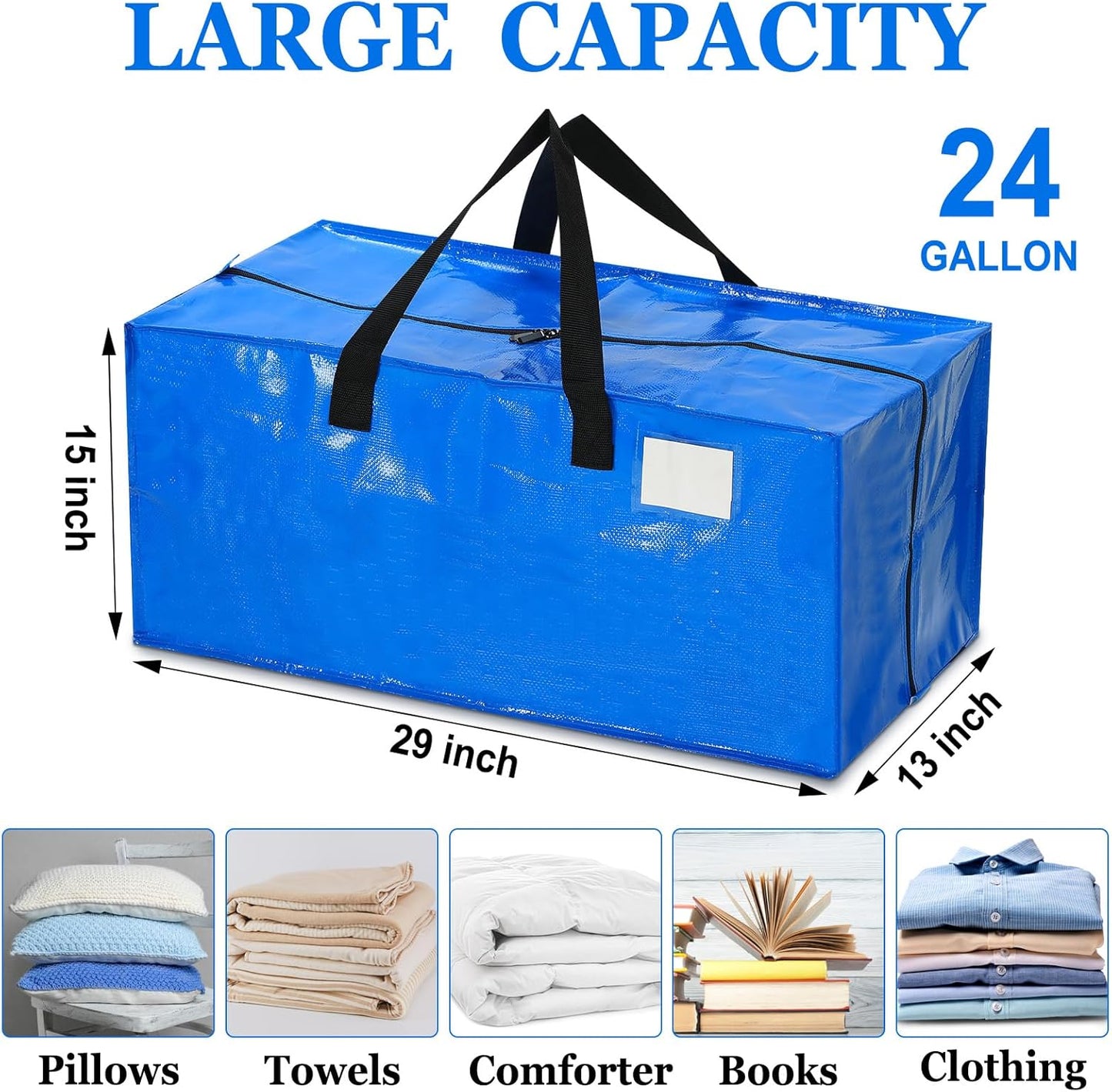 4 Pcs 24 Gallon Large Moving Bags with Zipper and Handles Foldable Storage Duffle Bags Heavy Duty Extra Large Totes for College Dorm Travel Clothes Blankets Bedding Moving (Blue)