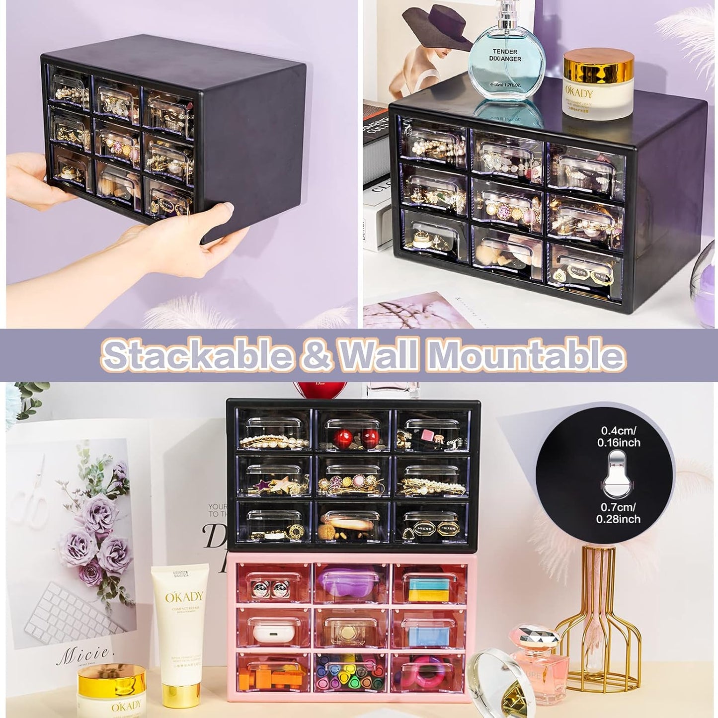 Desk Storage Organizer with 9 Drawers, FODIENS Stackable Desktop Craft Drawer Cabinet, Clear Storage Box Caddy for Makeup Jewelry Office Craft Supplies (9.84×6.3×5.9in) (Black)