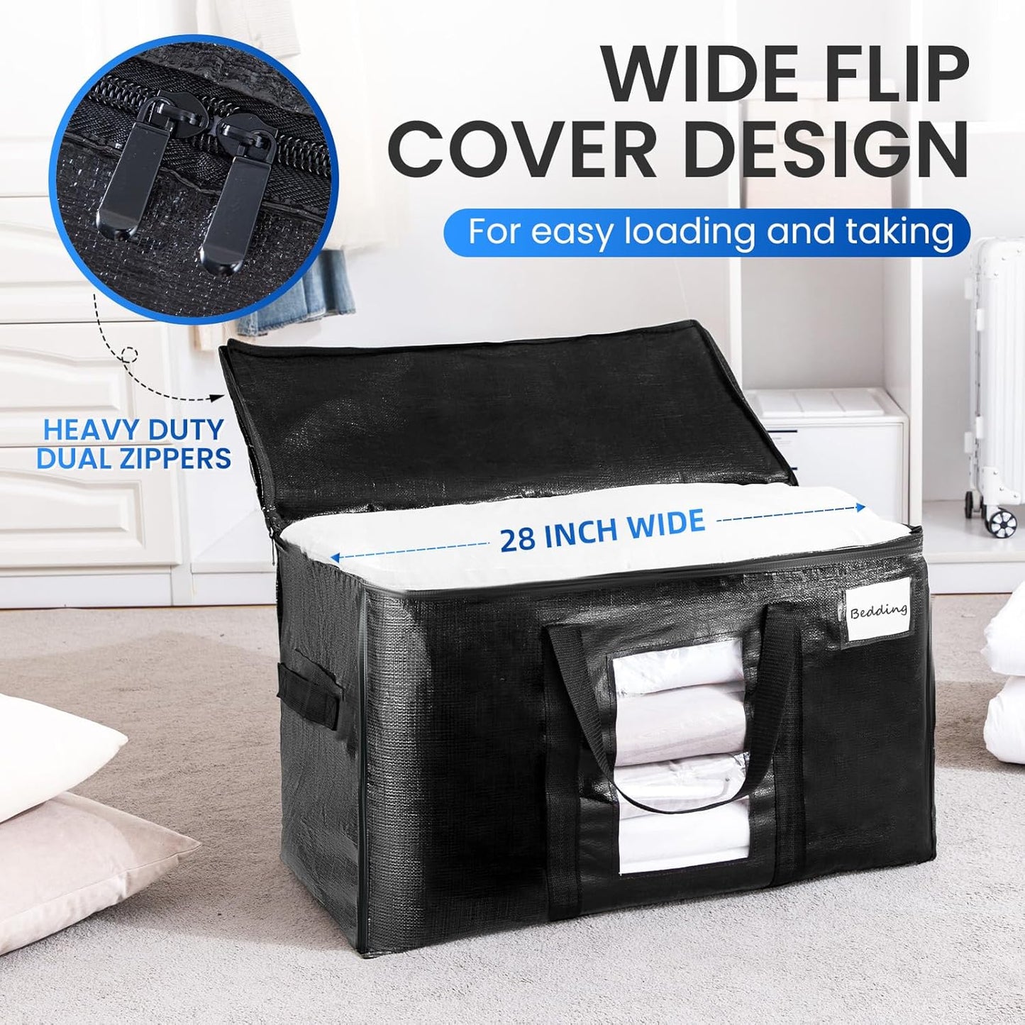 TAILI Extra Large Moving Bags, 8 Pack Black Heavy Duty Totes For Storage with Visible Window, Wrap Around Handles, Storage Bags for Space Saving, Alternative to Moving Boxes