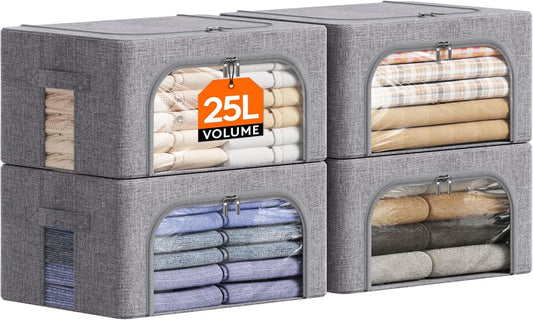 Lifewit Clothes Storage Bins with Metal Frame, Stackable Storage Box, Foldable Clothing Storage Bins with Lids, 25L Storage Bags Fabric Box Organizer with Clear Window＆ Zippers＆ Sturdy Handles 4 Pack