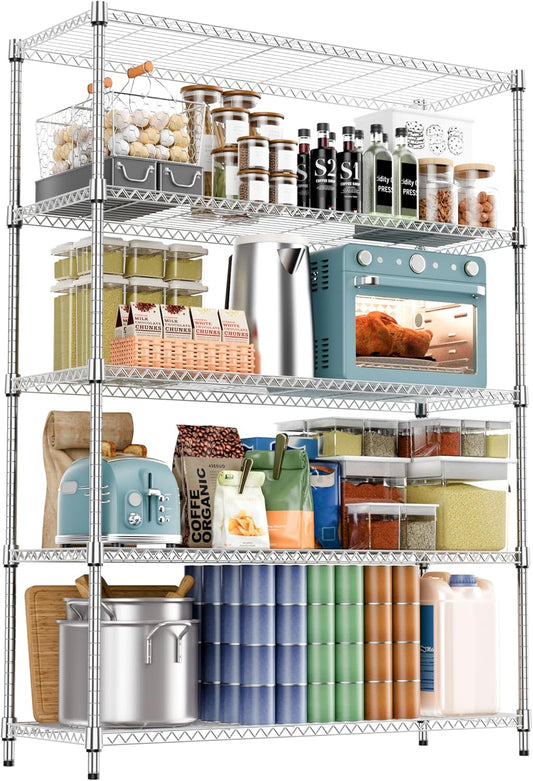 5 Tiers Shelf 1750 lbs Steel Storage Shelving Utility Shelving Unit Steel Organizer Wire Rack for Home,Kitchen,Office,Garage Chrome 17.7" D x 47.2" W x 72.4" H