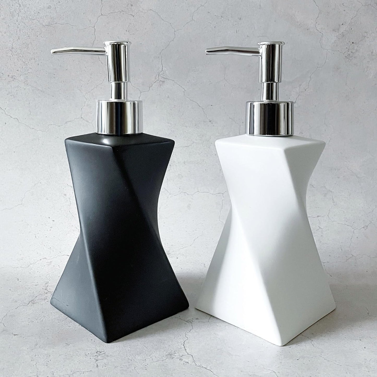2 Pack Modern White & Black Soap Dispenser Set with Silver Pump for Bathroom and Kitchen, Contemporary Art Style, Matte Finish, Rust Proof, 8.5oz