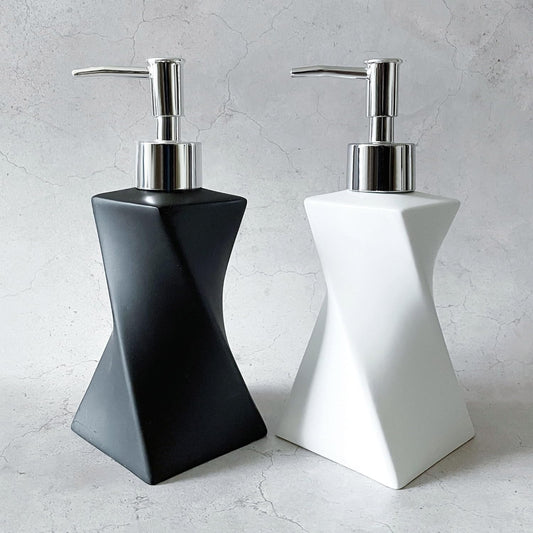 2 Pack Modern White & Black Soap Dispenser Set with Silver Pump for Bathroom and Kitchen, Contemporary Art Style, Matte Finish, Rust Proof, 8.5oz