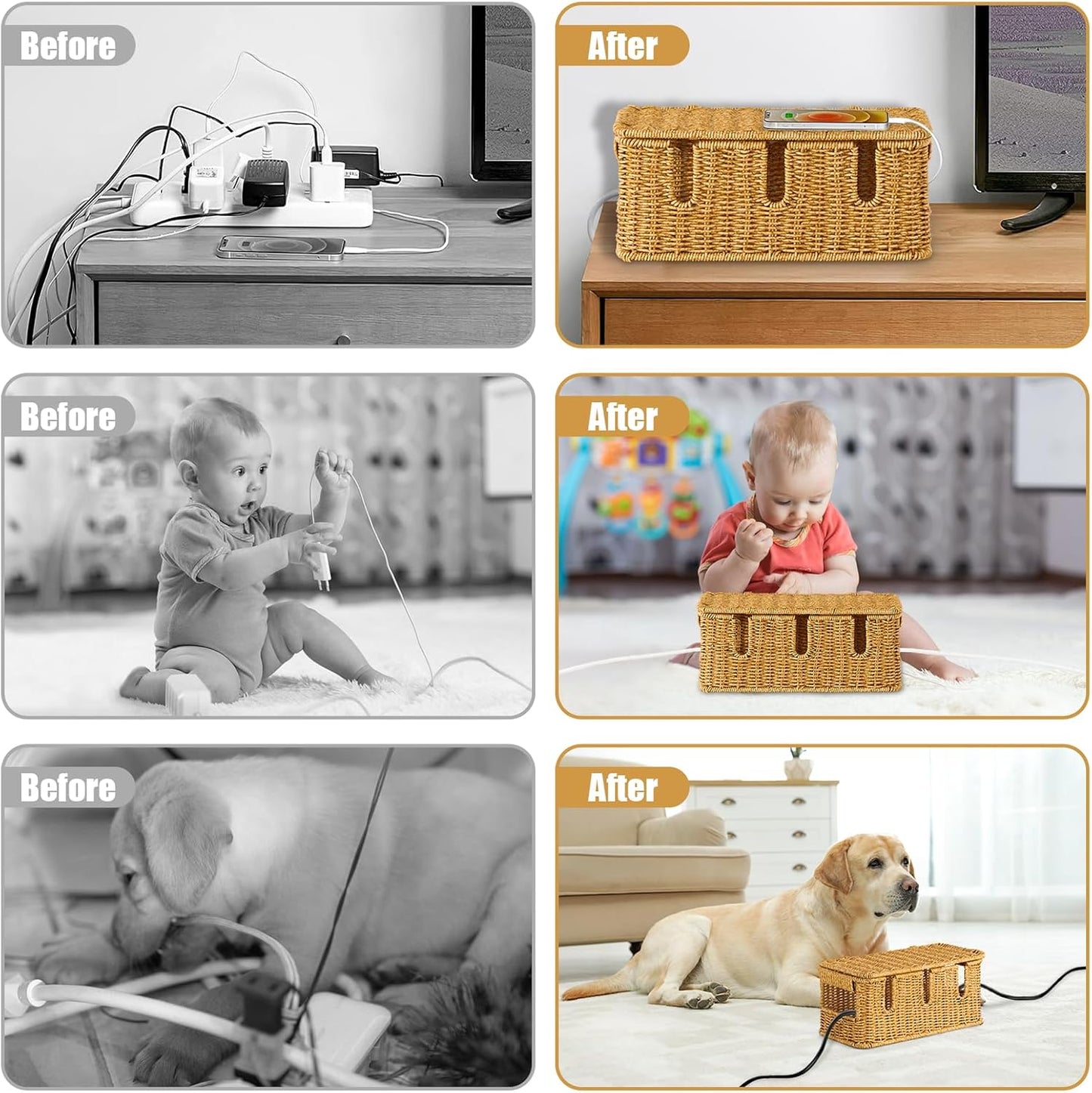 Handmade Cable Management Box,Imitation Rattan Cord Organizer with Lid,Extra 3 Open Slots Cord Hider for TV Wires Computer Router USB Hub,Cable Organizer Box to Hide Cords and Power Strips