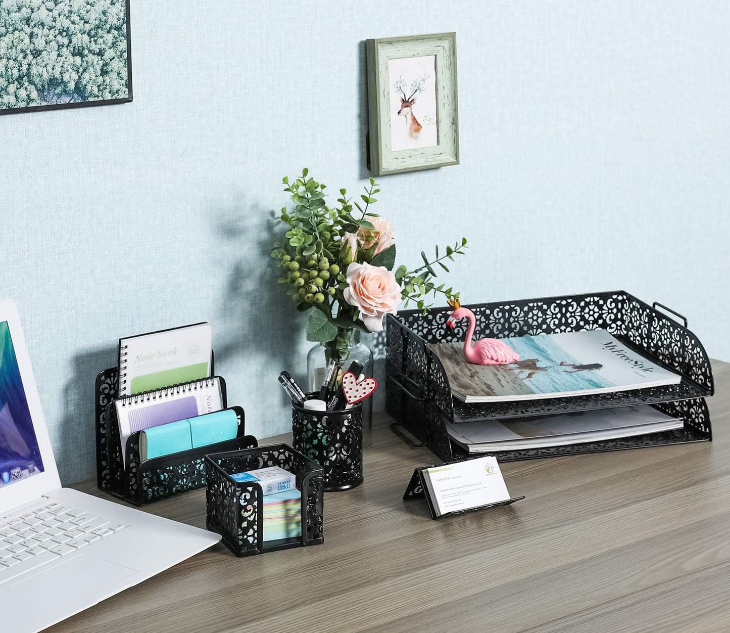 EasyPAG Desk Organizers and Accessories 5 Pieces Office Supplies Set - 2 Tier Paper Tray, Pencil Organizer for Desk, Mail Sorter Countertop, Business Card Holder and Sticky Note Holder, Black