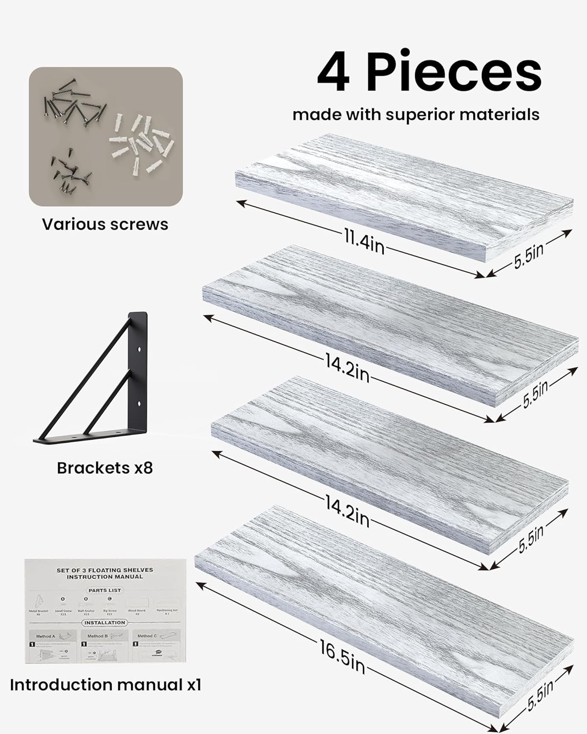 BAYKA Wall Shelves for Bedroom Decor, Floating Shelves for Living Room Kitchen Storage, Wall Mounted Rustic Wood Floating Shelves for Kids Books, Corner Shelf for Bathroom(Gray White，Set of 4)