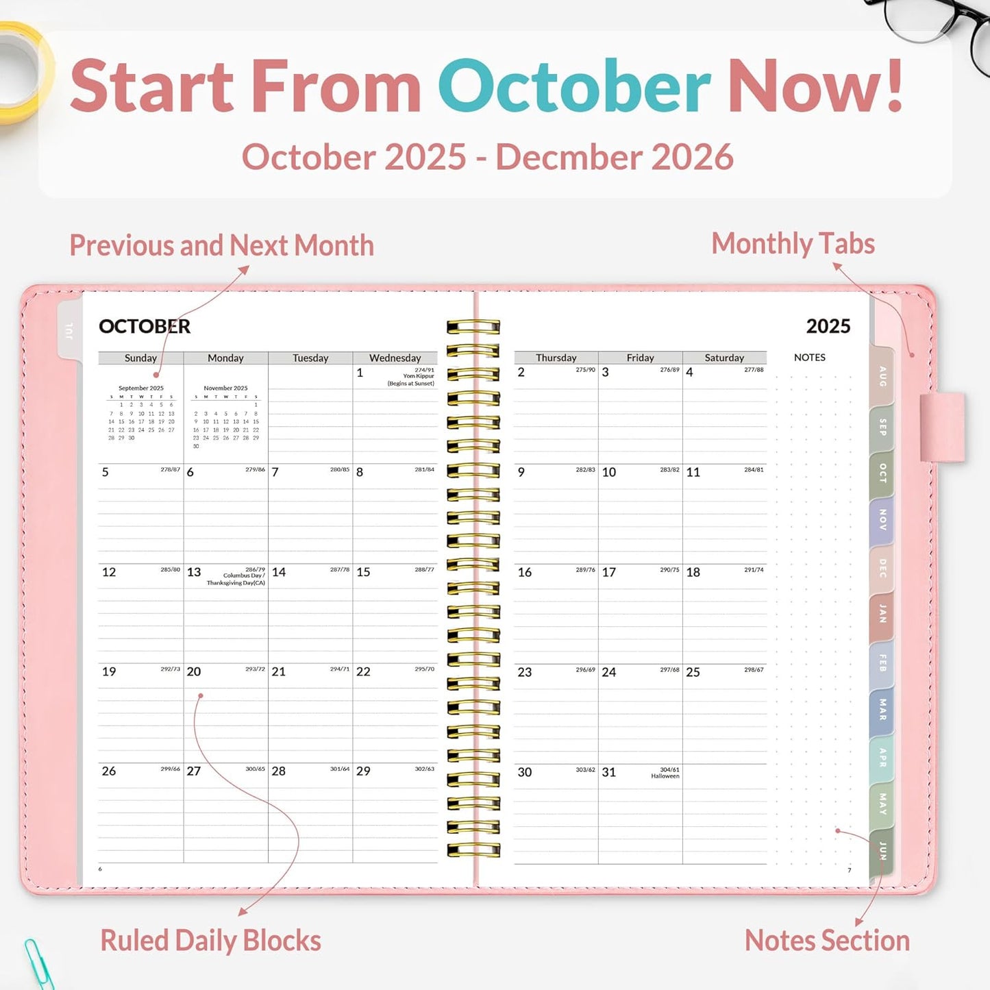 SUNEE 2026 Weekly & Monthly Planner 6.4"x8.5"- 12 Month (January 2026 - December 2026), Vegan Leather Cover, Pocket, Bookmark, Notes, Monthly Tab, Peach Pink