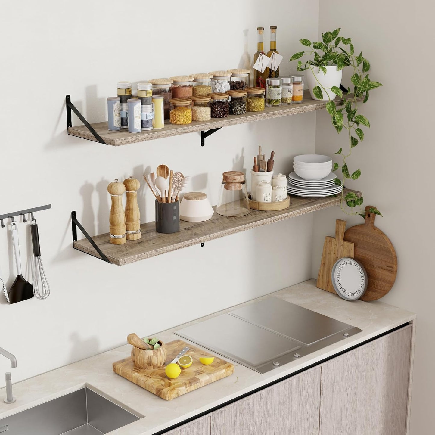 Axeman 12 Inch Deep Floating Shelves for Wall - 55 Inch Wide x 12 Inch Deep Wall Shelves Set of 2 - Rustic Grey Wood Floating Shelves for Living Room