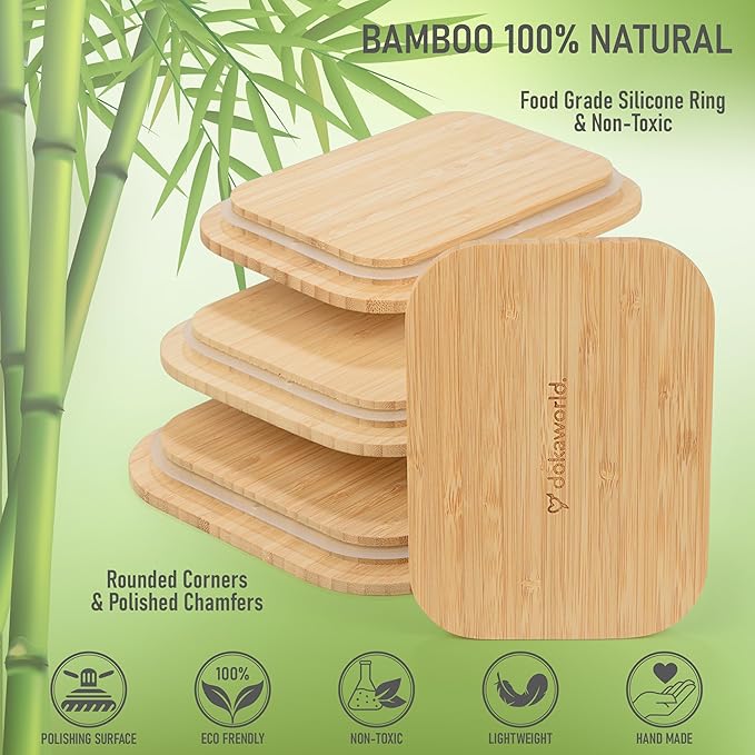 Natural Bamboo Lids Set for Food Storage Glass Containers (4pcs) - Lids are compatible with all Glass Food Storage Containers Sets