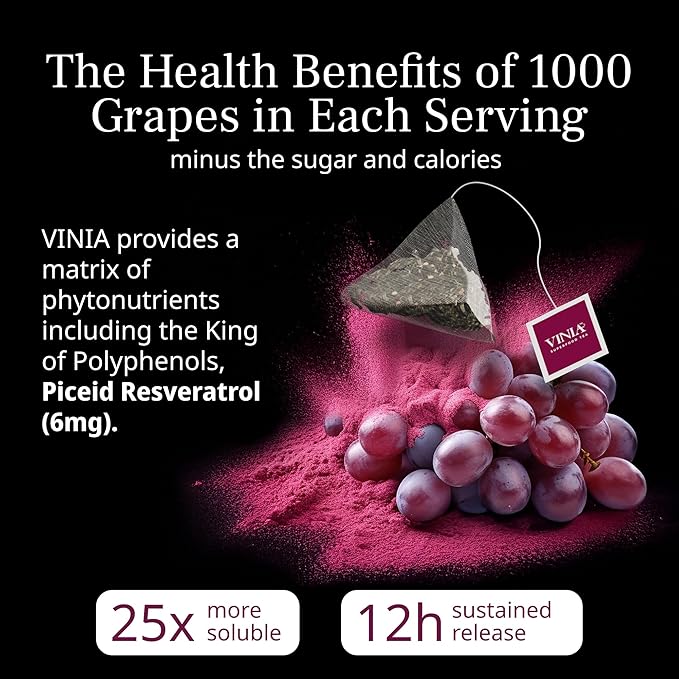 VINIA English Breakfast Black Tea Bags, Made with Organic Tea, Infused with Piceid Resveratrol for Heart Health, Nitric Oxide, Physical Energy, Alertness, Blood Flow, Keto, Kosher, NON-GMO. 30 Ct