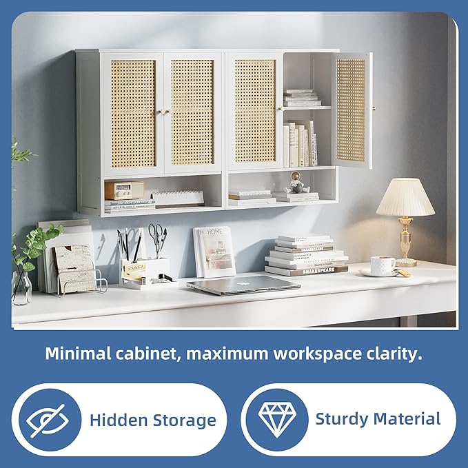 HITNET Bathroom Wall Cabinet, Rattan Medicine Cabinet, Bamboo Hanging Storage Organizer Over The Toilet with Adjustable Shelf for Living Room, Kitchen, Hallway(White)