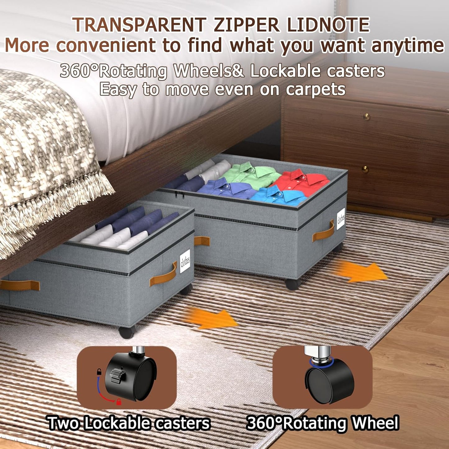 2 Pack Under Bed Storage with Wheels 65L XXL Large Under Bed Storage Containers Box with Lids 10inchs Underbed Storage with Wheels Rolling Under the Bed Storage Bins for Shoes,Clothes,Blankets,Toys