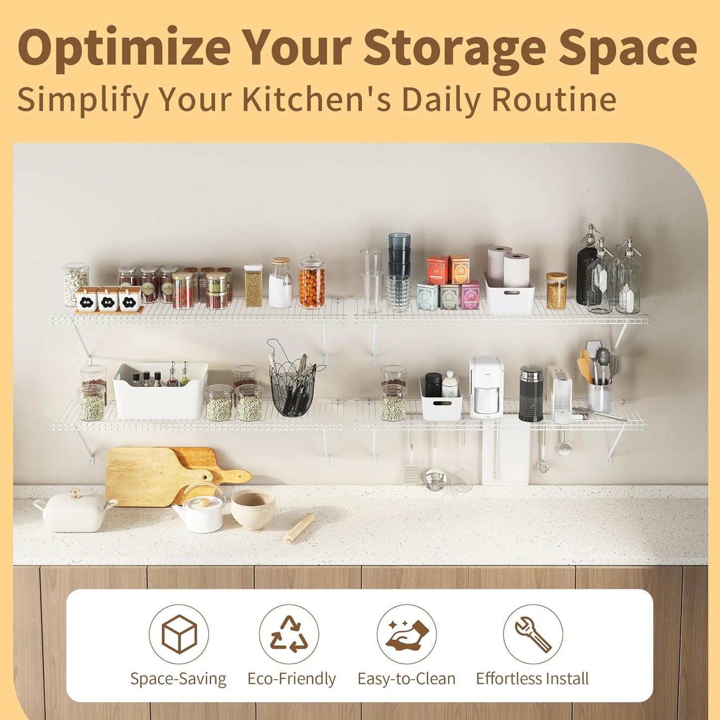 Closet Shelves Wall Mounted, 2 Pack 4 ft x 12 in White Wire Shelving Kit, Metal Wall Shelf Organizer for Home, Pantry, Laundry Room Storage