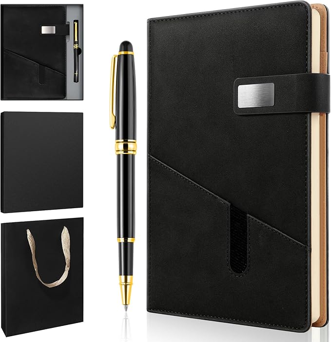 A5 Lined Leather Notebook and Pen Set with Gift Box, 240 Pages Refillable Journal with Pocket and Magnetic Buckle, Hardcover Daily Diary for Men and Women Business Travel Personal Writing- Black