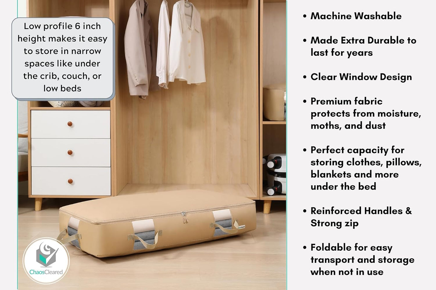 Under Bed Storage Containers for Toys, Clothes, Shoes etc. Underbed Organizer Bag that slides Under the bed without friction or wheels. Low profile 6" height is great for under the couch or other