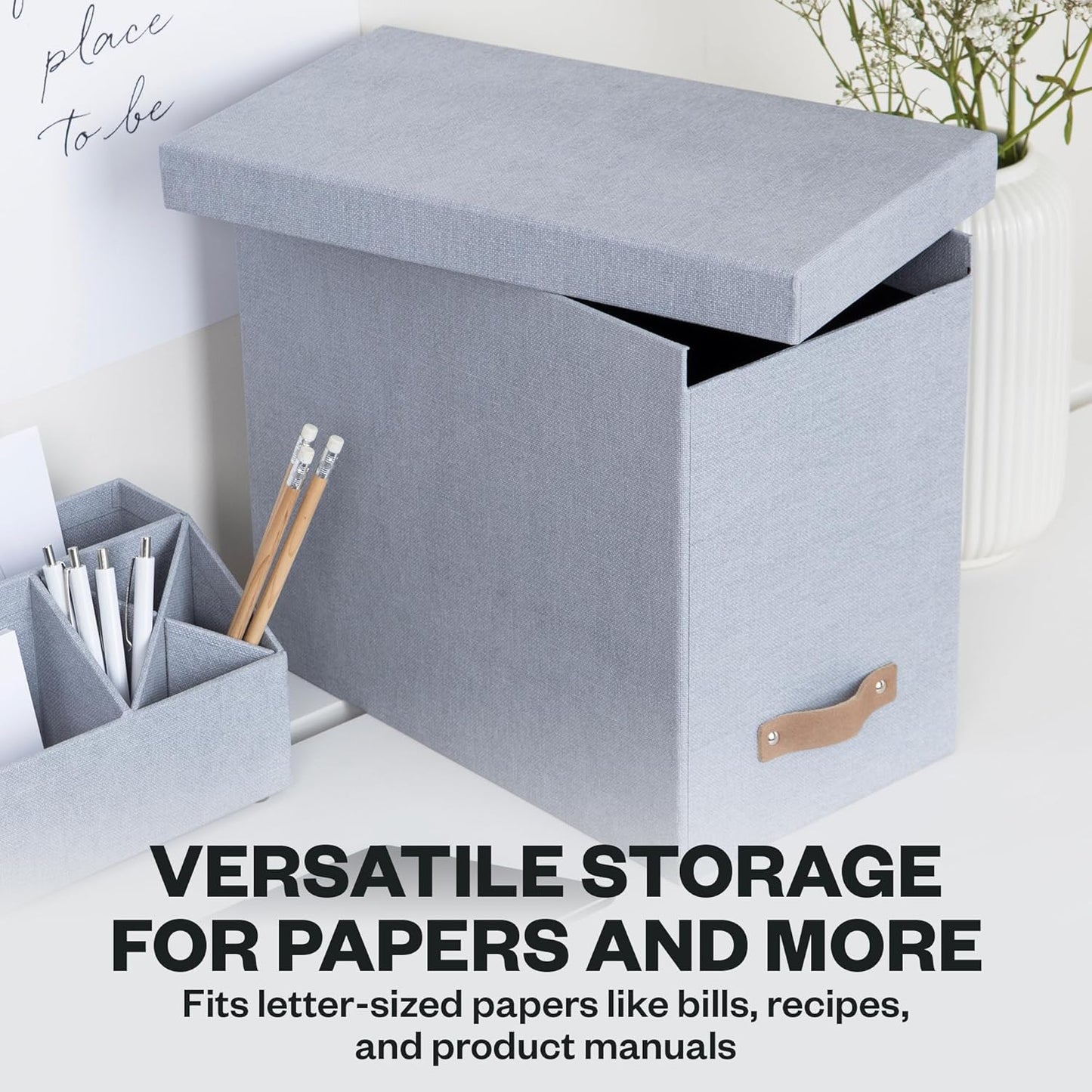 Bigso John File Box - File Storage Box and File Organizer for Important Paperwork - Durable Hanging File Box with Lid and Leather Handle - 7.4 in x 13 in x 10.4 in - Ash