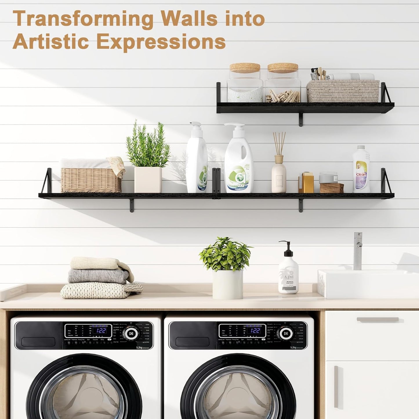 Fun Memories Floating Shelves, 32 x 8 Inches, Set of 3 Wall-Mounted Bookshelves with Metal Brackets, Decorative Storage for Home and Office (Black)