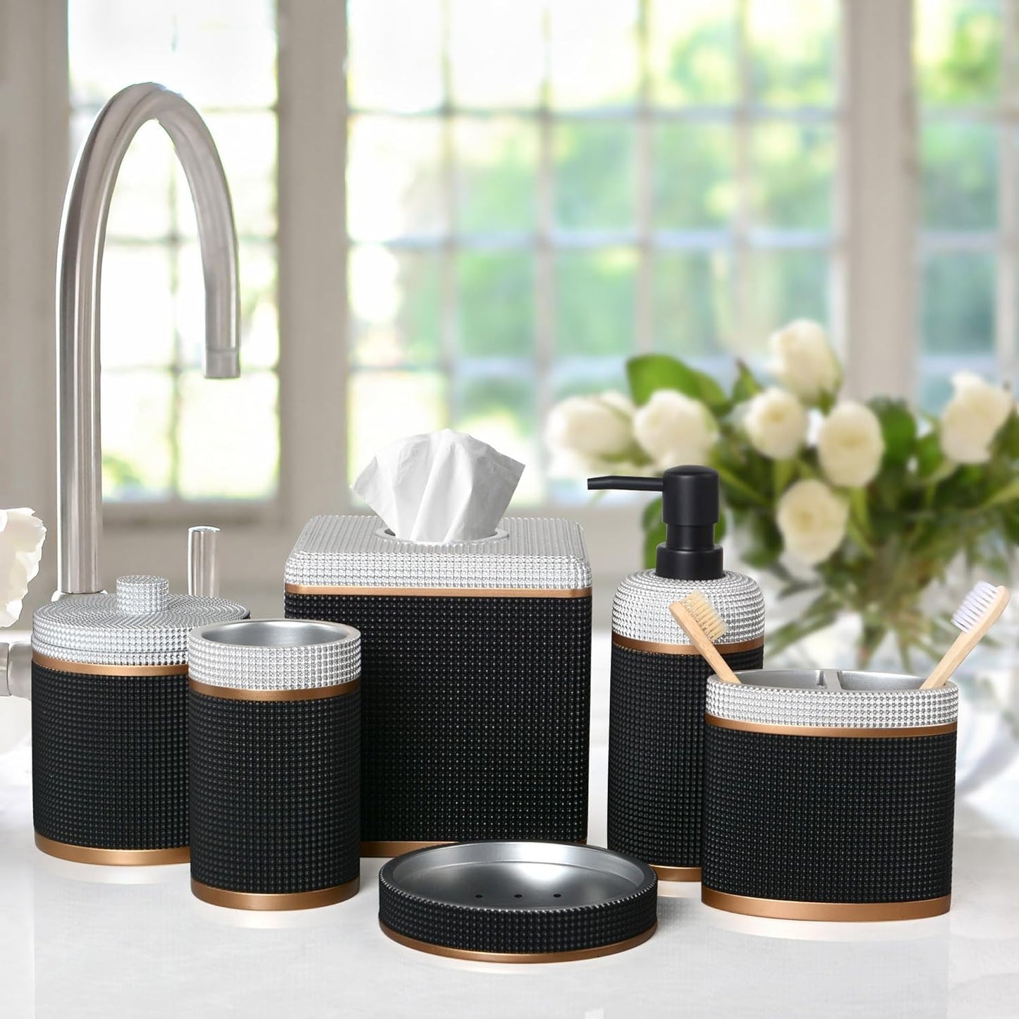 6-Piece Bathroom Accessories Set – Soap Dispenser, Toothbrush Holder, Tumbler, Soap Dish, Cotton Swab Jar & Toilet Brush – Modern Bathroom Decor Set (Seiler)