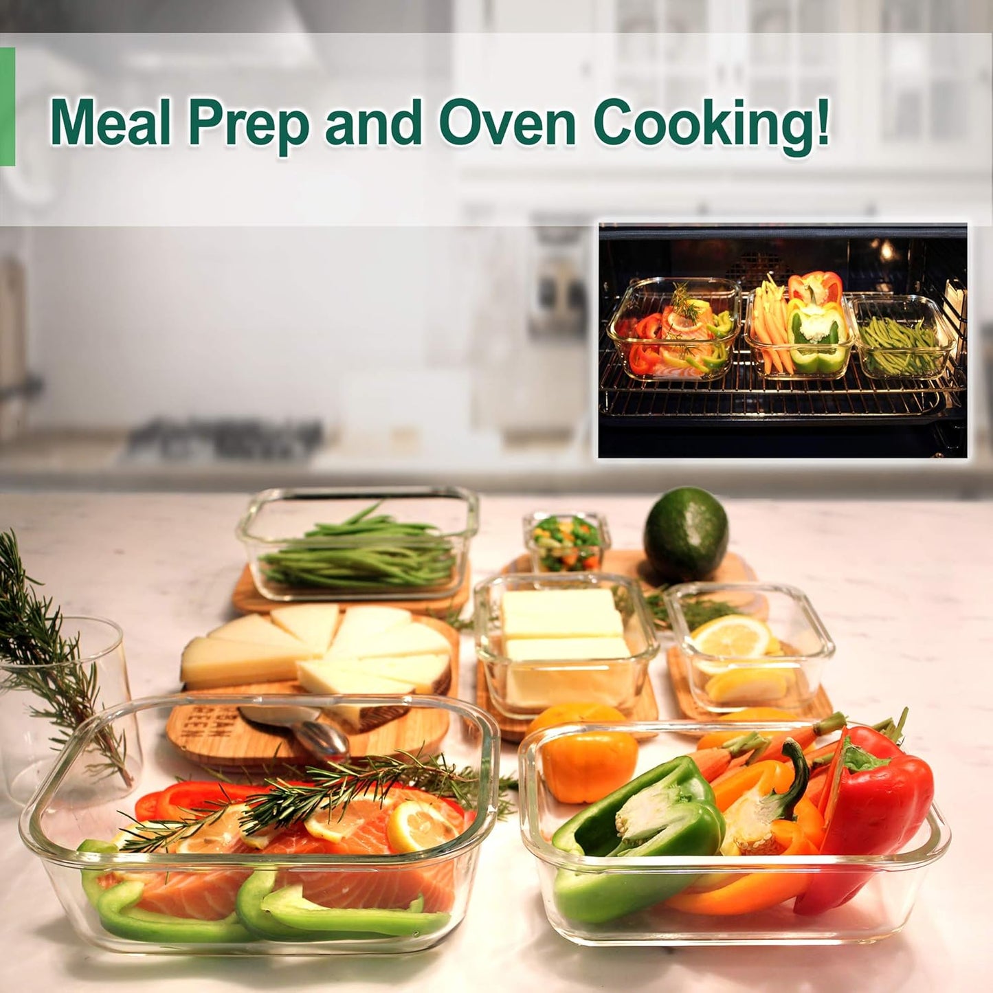 Urban Green Glass Containers with Bamboo Lids, Meal Prep Glass Food storage Container Set, 5 Pack, Pantry & Kitchen Organizer, Microwave, Oven, Freezer Safe