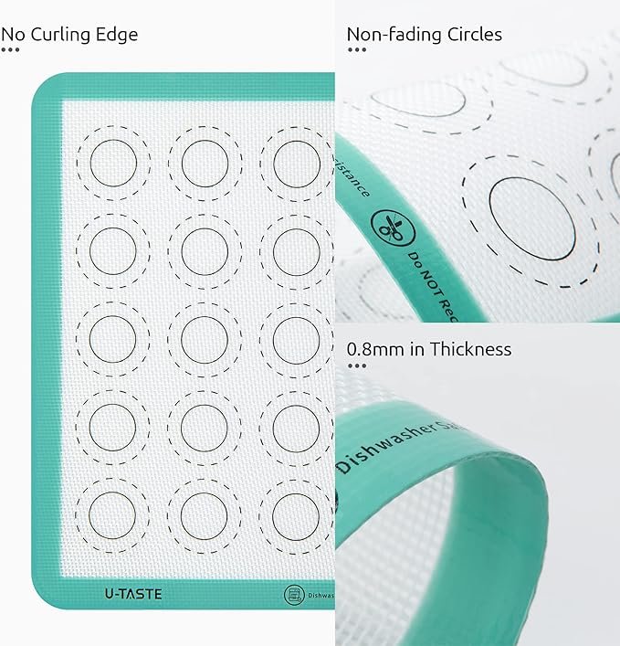 446ºF Heat Resistant Macaron Mat: U-Taste 11x11 Inch Non Stick Silicone Baking Mat, Reusable Cookies Pastry Sheet Liner with Edge Enhancement & Circle Measurement for Square Cake Pan (2 PCS, Aqua Sky)