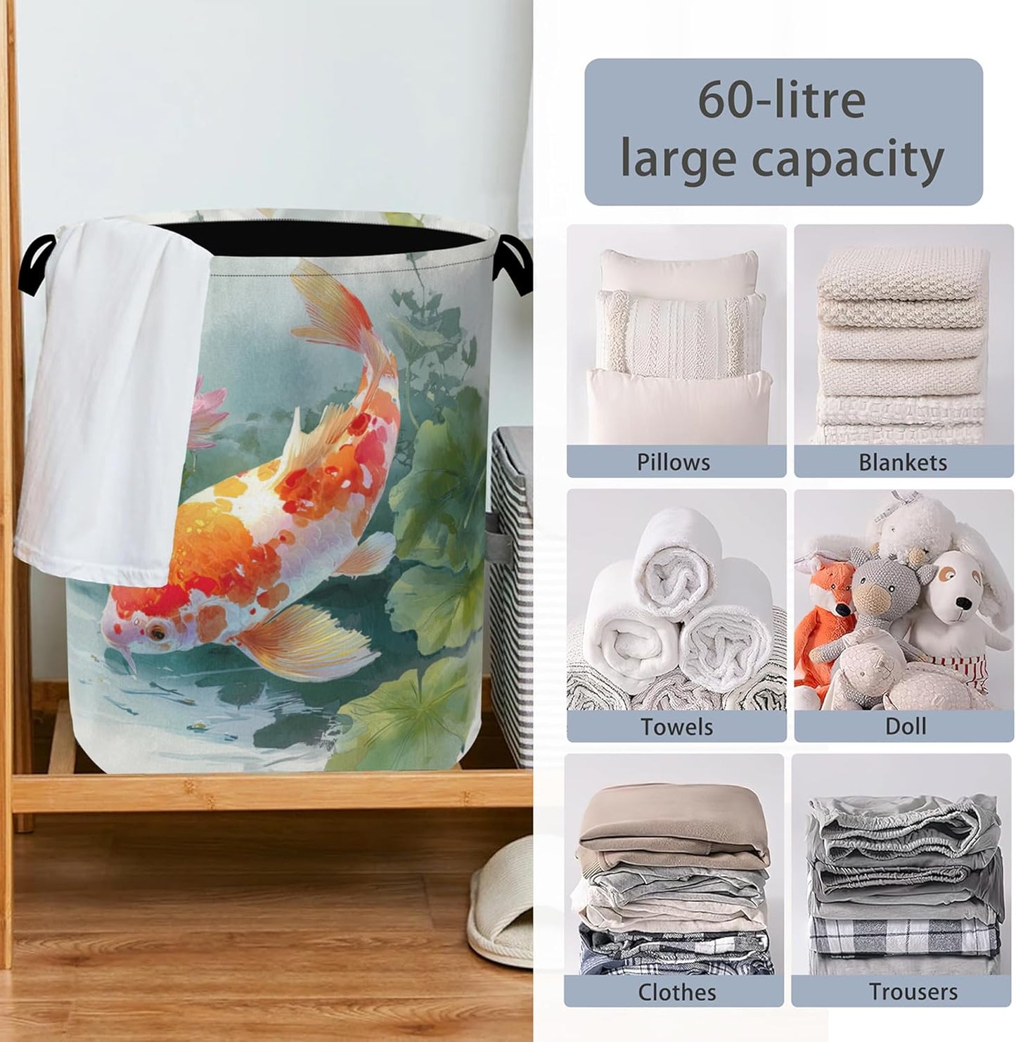 Goldfish Laundry Basket,Lotus Foldable Oxford Cloth Tote Bag Laundry Hamper Clothes Storage Bucket Organizer for Bedroom Laundry Storage Dormitories 16" x 20.8"