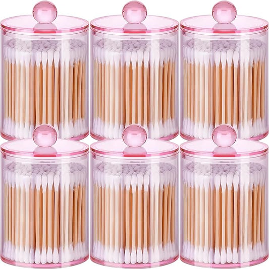 AXX Qtip Dispenser Apothecary Jars Bathroom - Qtip Holder Storage Canister Clear Plastic Jar for Cotton Swab,Q-Tips,Cotton Rounds (Pink 6Pcs)