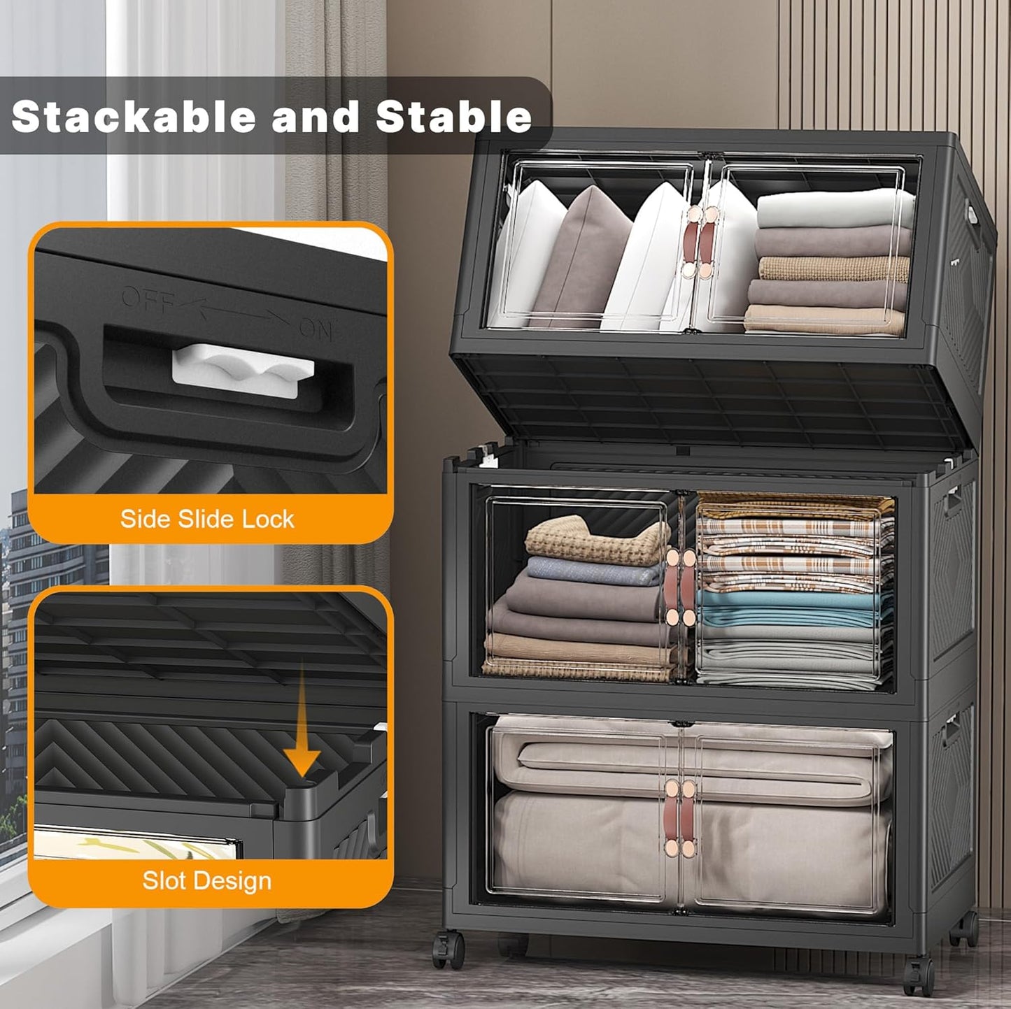 Extra Large Stackable Storage Bins with Lids & Wheels & Door, 672QT-112QT/28GAL*6Pack Foldable Collapsible Closet Organizers, Plastic containers drawers for bedroom Dorm