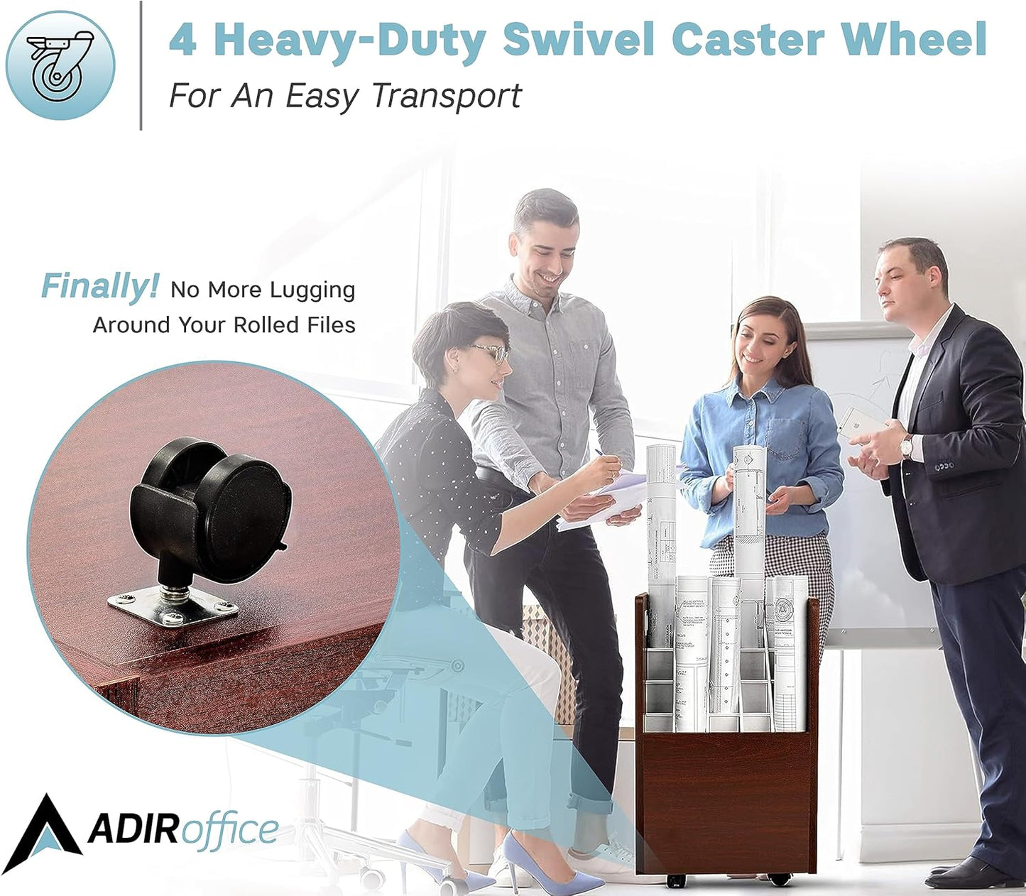 Adir Blue Print Storage Organizer - Mobile Roll File Cart, Construction Plan Holders, Blueprint Cabinet with Wheels, Roll Files Storage for Office and Home (20 Slots, Mahogany)