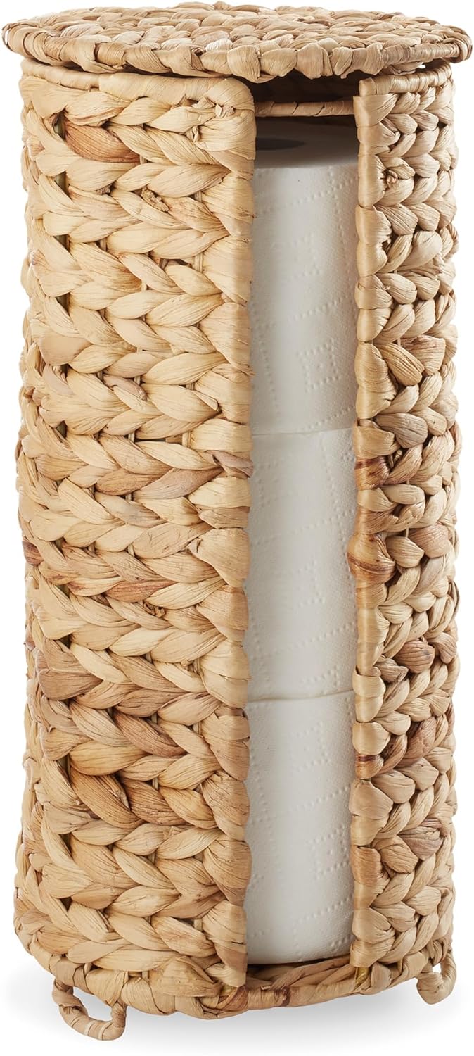 Casafield Free Standing Toilet Paper Storage Roll Holder with Lid - Natural, Fits 3 Rolls, Water Hyacinth Bath Tissue Organizer for Bathroom