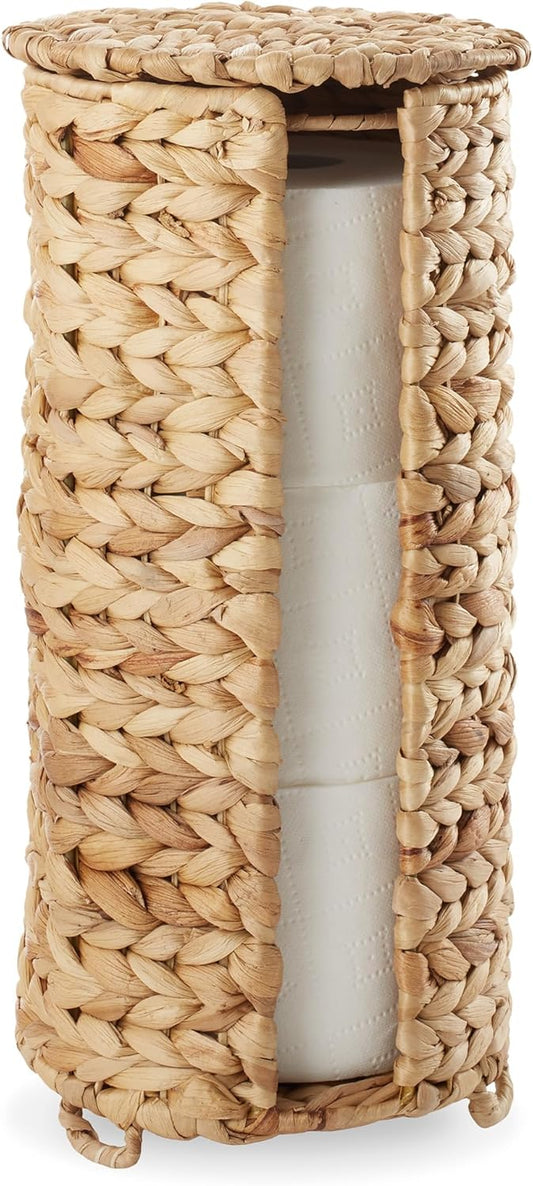 Casafield Free Standing Toilet Paper Storage Roll Holder with Lid - Natural, Fits 3 Rolls, Water Hyacinth Bath Tissue Organizer for Bathroom
