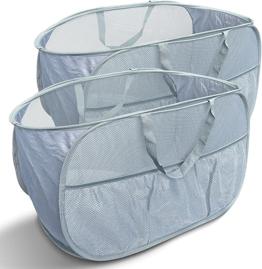 Collapsible Laundry Baskets 2 Pack, Mesh Pop Up Hamper with Handles, Portable Stair Basket, Dorm or Room Folding Bin, Dirty Clothes Hamper Light Breathable. Grey. 2H