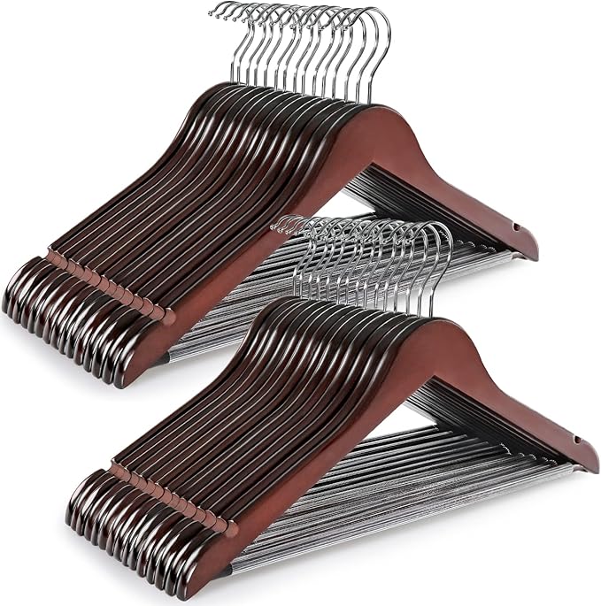 TOPIA HANGER Wooden Coat Hangers 30 Pack, Cherry Wood Suit Hangers with Non Slip Pants Bar, 360° Swivel Hook and Shoulder Notches for Camisole, Jacket, Pants, Smooth Finish Clothes Hangers - CT34M30