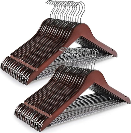 TOPIA HANGER Wooden Coat Hangers 30 Pack, Cherry Wood Suit Hangers with Non Slip Pants Bar, 360° Swivel Hook and Shoulder Notches for Camisole, Jacket, Pants, Smooth Finish Clothes Hangers - CT34M30