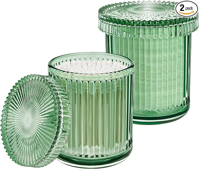 2 Pack Qtip Holders for Bathroom, Clear Glass Apothecary Jars with Lids,Vintage Bathroom Canisters for Cotton Balls,Swabs,Floss Picks,Hair Ties,Vanity Organizer and Storage Decor (Green)