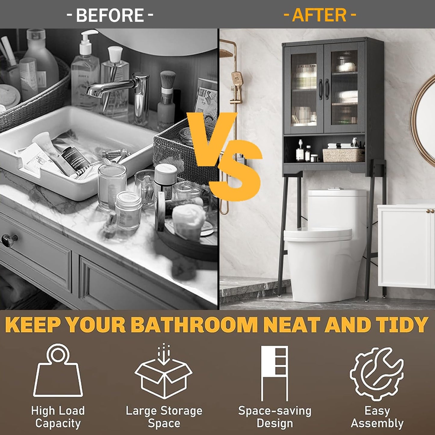 Over The Toilet Storage Cabinet with Tempered Glass Doors & Adjustable Shelf, Bathroom Organizer with Metal Stand Space Saver Over Toilet , Tall Freestanding Shelf/Rack for Bathroom, Black