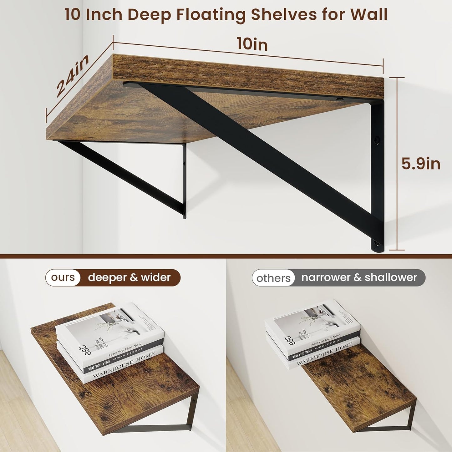 Axeman Deep Floating Shelves for Wall - 24 Inch Wide x 10 Inch Deep Floating Shelves Set of 2 -Rustic Wide Wall Shelves for Living Room Bathroom Bedroom