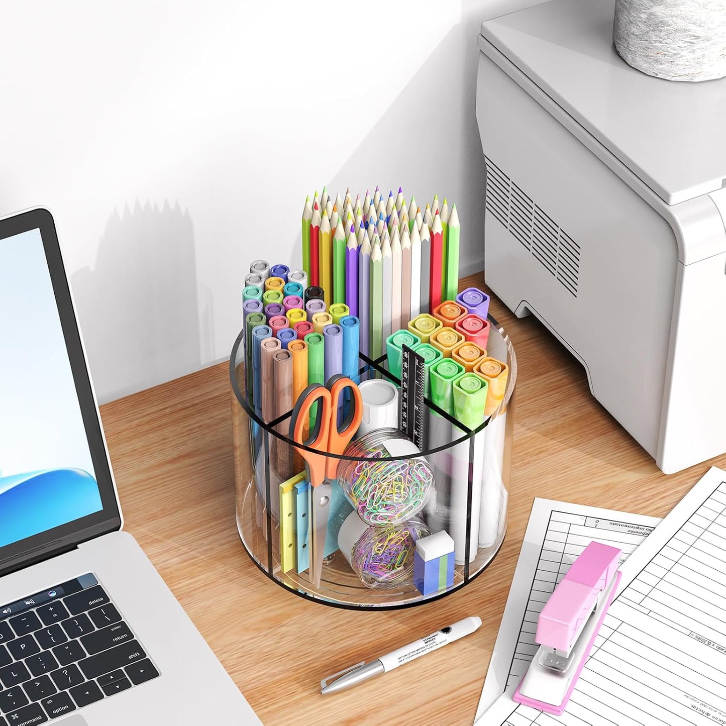 Small Pencil Organizer for Desk Acrylic 4 Compartments, Tiny Rotating Art Supply Organizer Kids, Spinning Round Marker Small Clear Desktop Caddy Swivel Office Pen Pencil Holder