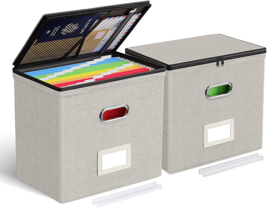 Oterri File Organizer Boxes with Lids, File Box with Mesh Pockets, Document Organizer Box for Letter Size Folders, Zippers Important Document Organizer (Beige, Small-2 Pack Without Folders)