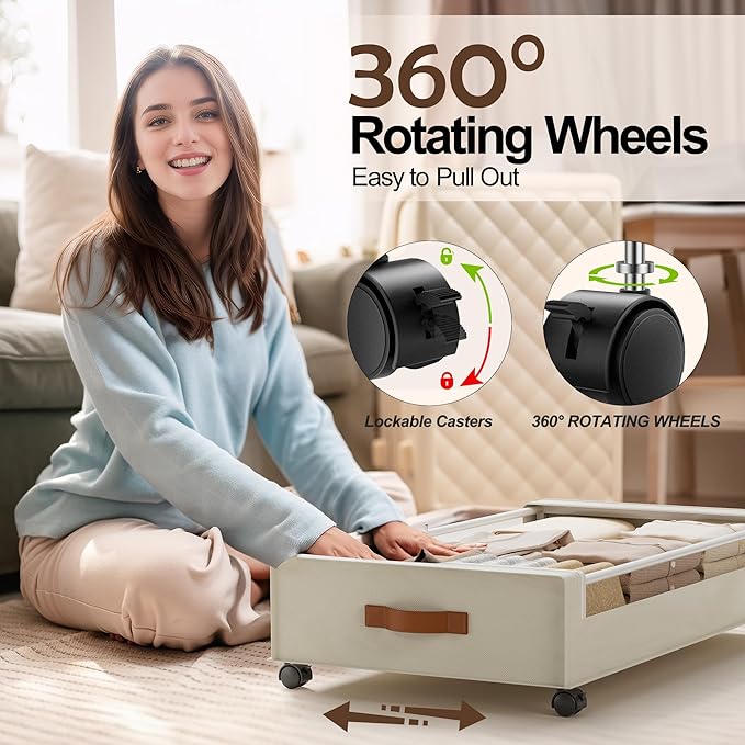 LAMU 2 Pack Under Bed Storage with Wheels, 60L Large Lapacity UnderBed Storage Containers with Clear Lid and Handles, Under the Bed Storage Bins Drawers for Clothes, Blankets, Shoes, Books, Beige