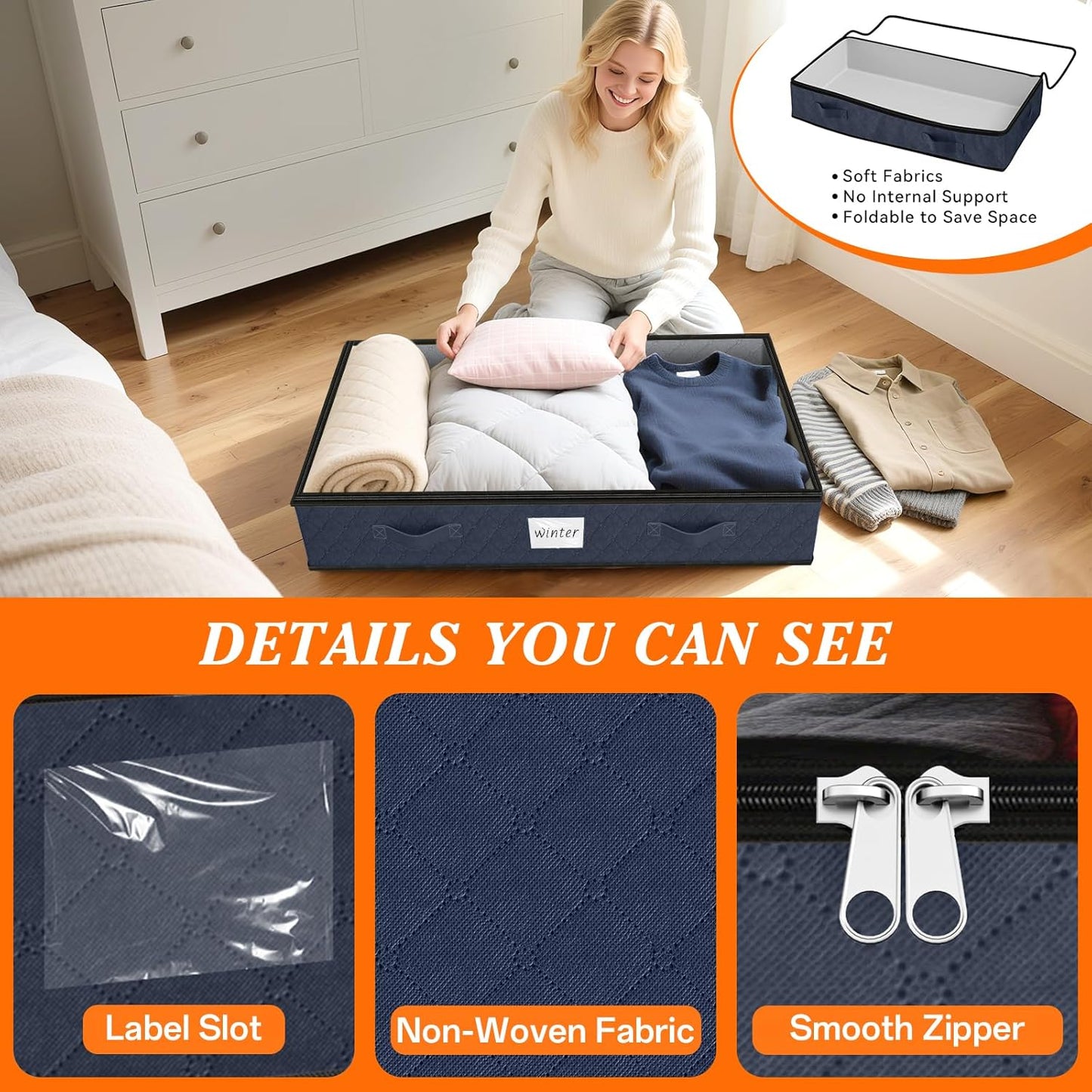 SpaceWhisper 90L Under Bed Storage Containers, 8-Pack Storage Bins with Clear Top, Foldable Closet Organizers and Storage with Label Holder for Clothing, Blankets, Comforter & Pillows(Blue)