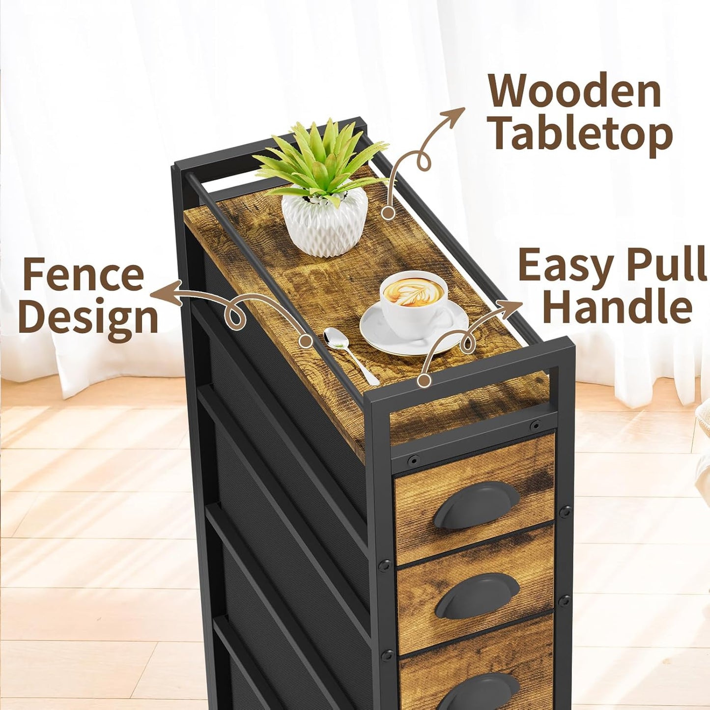 LASZOLA 5 Drawer Narrow Dresser Slim Cabinet Skinny Storage Tower Chest, Ideal for Small Spaces Bathroom Bedroom, Between Washer and Dryer, Lightweight Mobile on Wheels, Sturdy Fabric Drawers, Brown